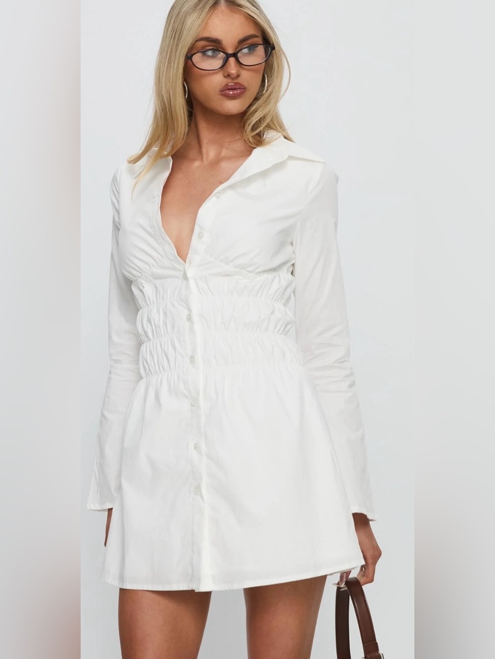 Princess Polly Stellaria White Long-Sleeve Shirred Waist Button Dress